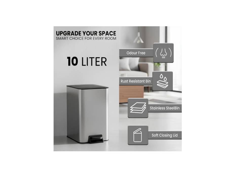 Bathroom Trash Can with Lid, Soft Close Step Pedal Bin Stainless Steel Garbage Can with Removable Inner Bucket & Anti-Fingerprint Finish 10L, Silver