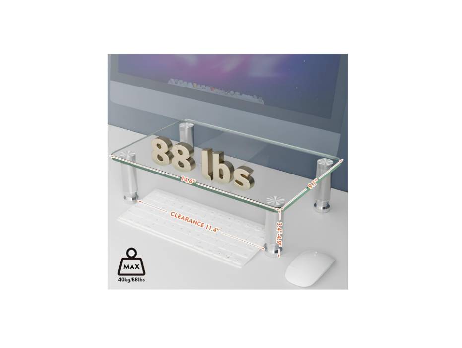 Clear Tempered Glass Computer Monitor Riser with Height Adjustable Multi Media Desktop Stand