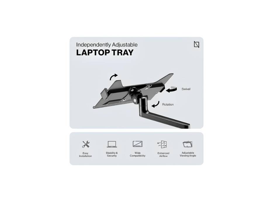 Navodesk Control Monitor Arm Model L with Laptop Tray - Dual Monitor Stand for 17" to 32" Screens & 11.6" to 17.3" Laptops - Ergonomic and Space-Saving Design, Silver