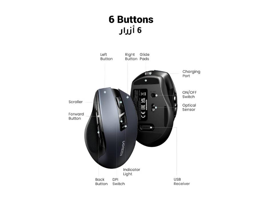 UGREEN Wireless Mouse (Bluetooth5.4+2.4GHz) ，Rechargeable, Long Battery Life, Ergonomic Silent Mouse, 6 Buttons with 5 Adjustable 4000 DPI, Compatible with Windows, iOS, Android