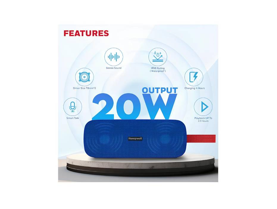 Honeywell Trueno U300 20W 5.3 Bluetooth Speaker, Deep Bass Radiators,13H Playtime, IPX 6,TWS Feature, SD Card, USB Type-C Port, AUX, Built-in Mic and 78mm*2 Drivers