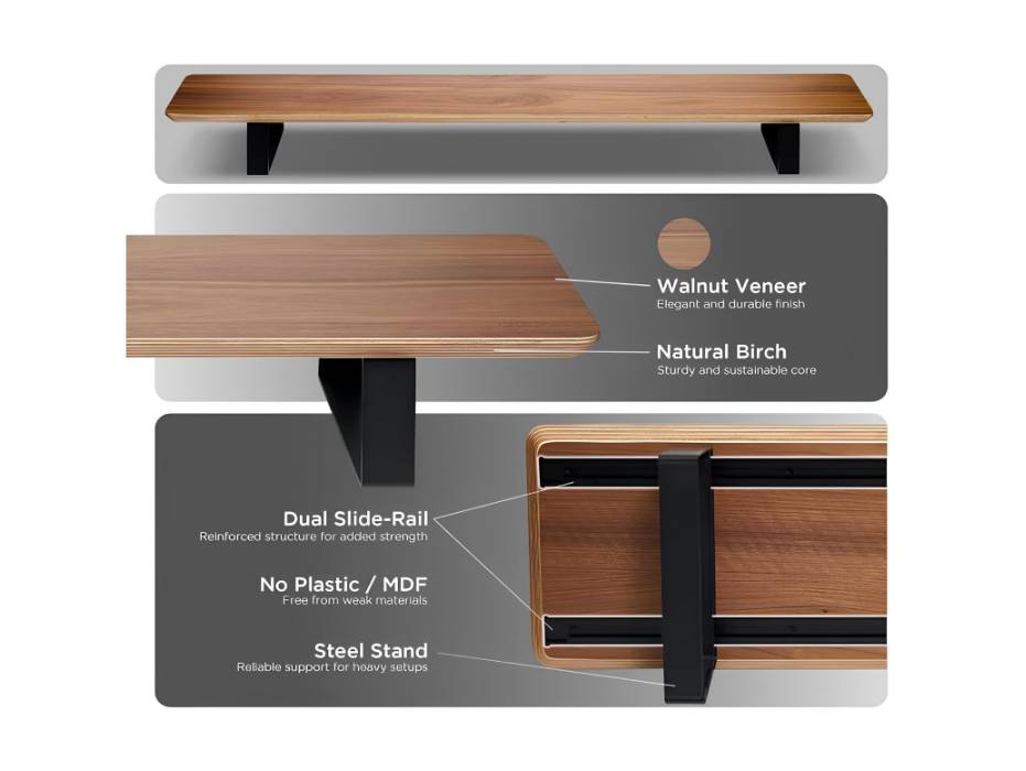 Moodular Wooden Monitor Stand 45.6” (116cm) Large Desk Organizer with Metal Slide Rails, Walnut