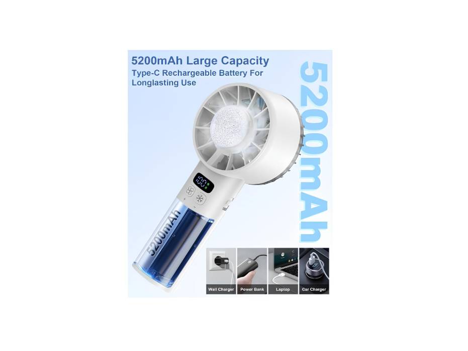Handheld Fan with Cold Compress Function, Mini Desk Fan, Rechargeable Fan with 5200mAh Battery, LED Digital Display