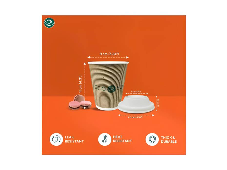 ECO SOUL [350 ml, 25 Count ] Disposable Ripple Paper Cups with Lid | Plastic-Free Aqueous Coated | Eco-Friendly & Biodegradable Hot Cups