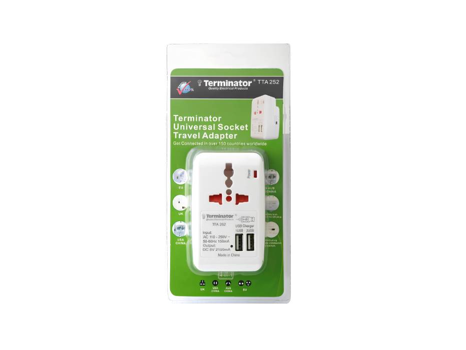 Terminator Travel Adaptor Multi pin with Universal & 2RP Socket+2 USB 2.1A - TTA 252