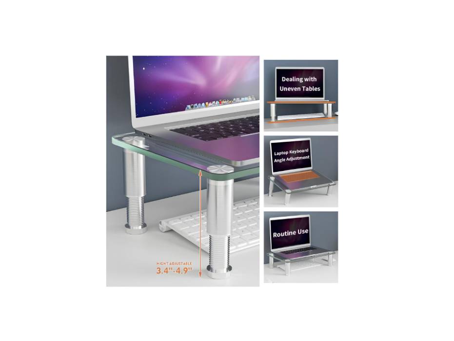 Clear Tempered Glass Computer Monitor Riser with Height Adjustable Multi Media Desktop Stand