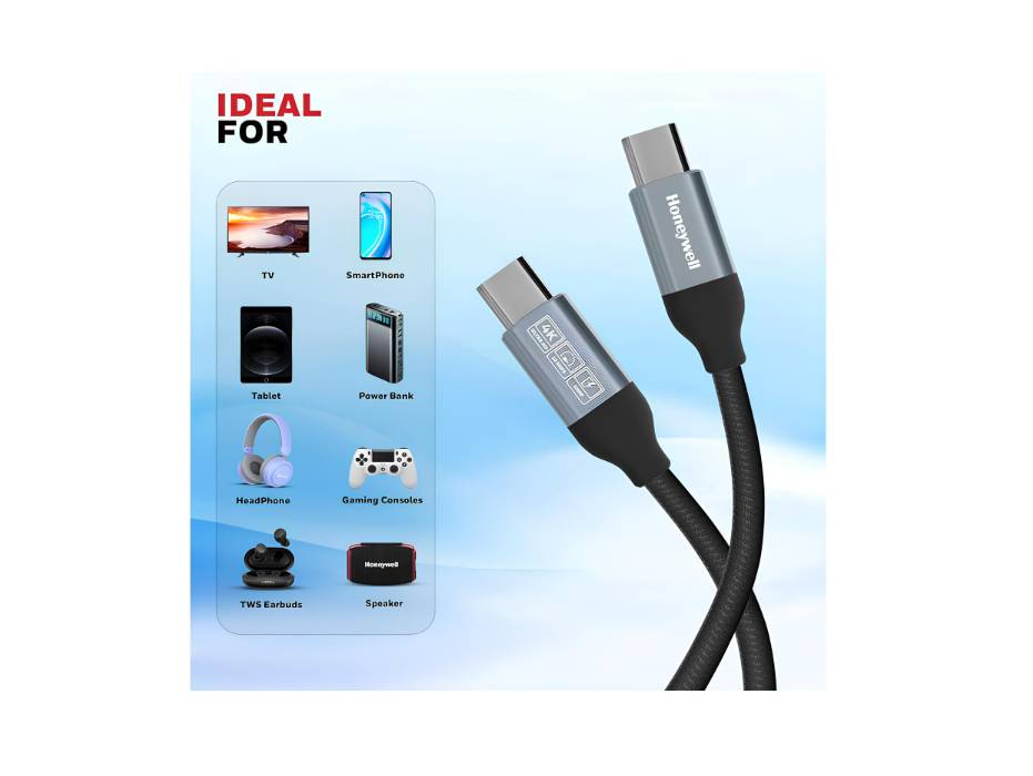 Honeywell Type C to Type C USB 3.1 Cable, 1.2M, Max Output 5A 100W, QC 3.0, Fast Charge, Compatible with Apple Devices, Smartphones, Laptops, Power Banks, Tablets, Headphones, Speakers, Black