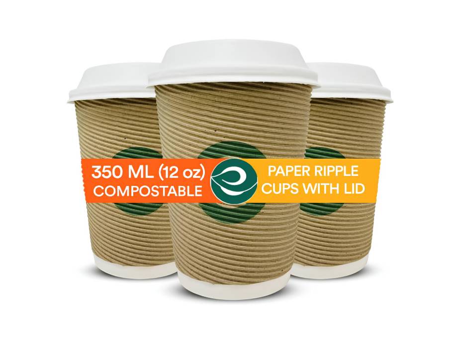 ECO SOUL [350 ml, 25 Count ] Disposable Ripple Paper Cups with Lid | Plastic-Free Aqueous Coated | Eco-Friendly & Biodegradable Hot Cups