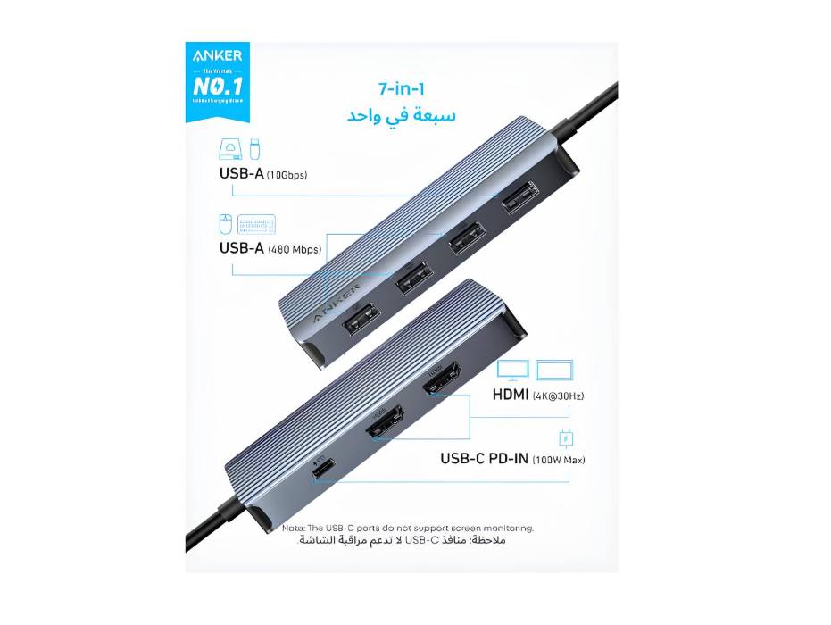 Anker 7-in-1 USB-C Hub, Dual Monitor USB C Docking Station, Dual HDMI Display, 100W Power Delivery, 10Gbps Data Transfers, USB Ports