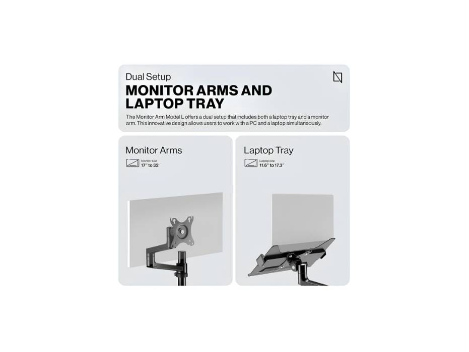 Navodesk Control Monitor Arm Model L with Laptop Tray - Dual Monitor Stand for 17" to 32" Screens & 11.6" to 17.3" Laptops - Ergonomic and Space-Saving Design, Silver