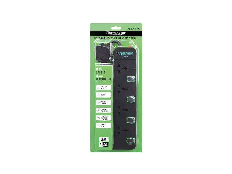 Terminator 4 Way Universal Power Extension Socket With Overload Protection, Green Border Switches, Indicators and 3M Cable - TPB 324B-3M