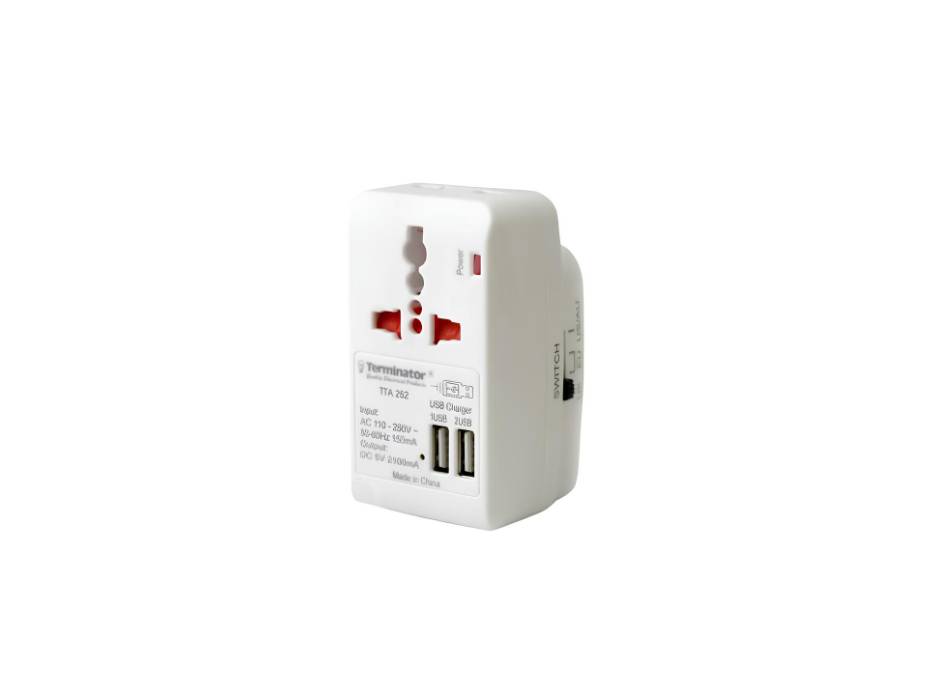 Terminator Travel Adaptor Multi pin with Universal & 2RP Socket+2 USB 2.1A - TTA 252