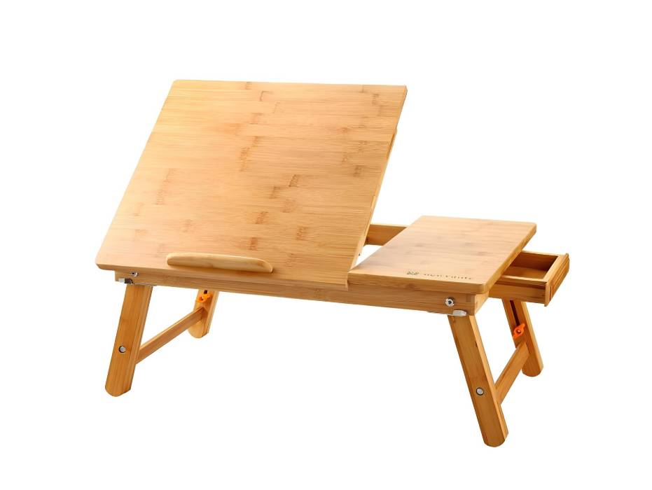 Laptop Desk Table Adjustable Bamboo Foldable with Tilting Top Drawer