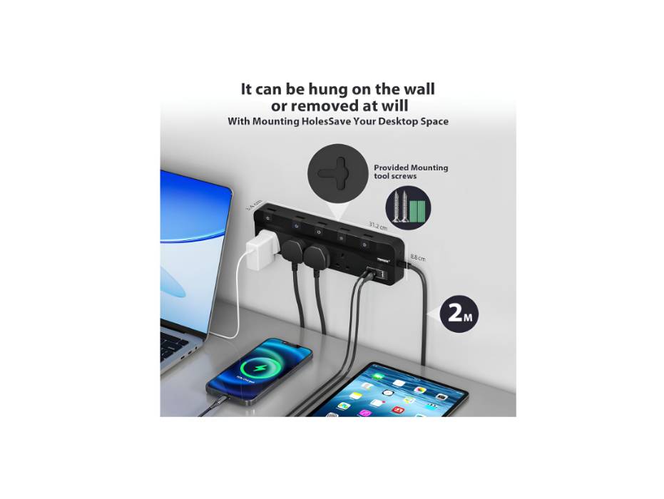 TOPREK 4 Plug Extension Lead with Ultra Wide Pitch Socket, Individual Switches Lights with 2 USB-A, 1 USB-C, 13A/3250W Overload Protection Extension Cable with USB Ports, 2M Extension Cord