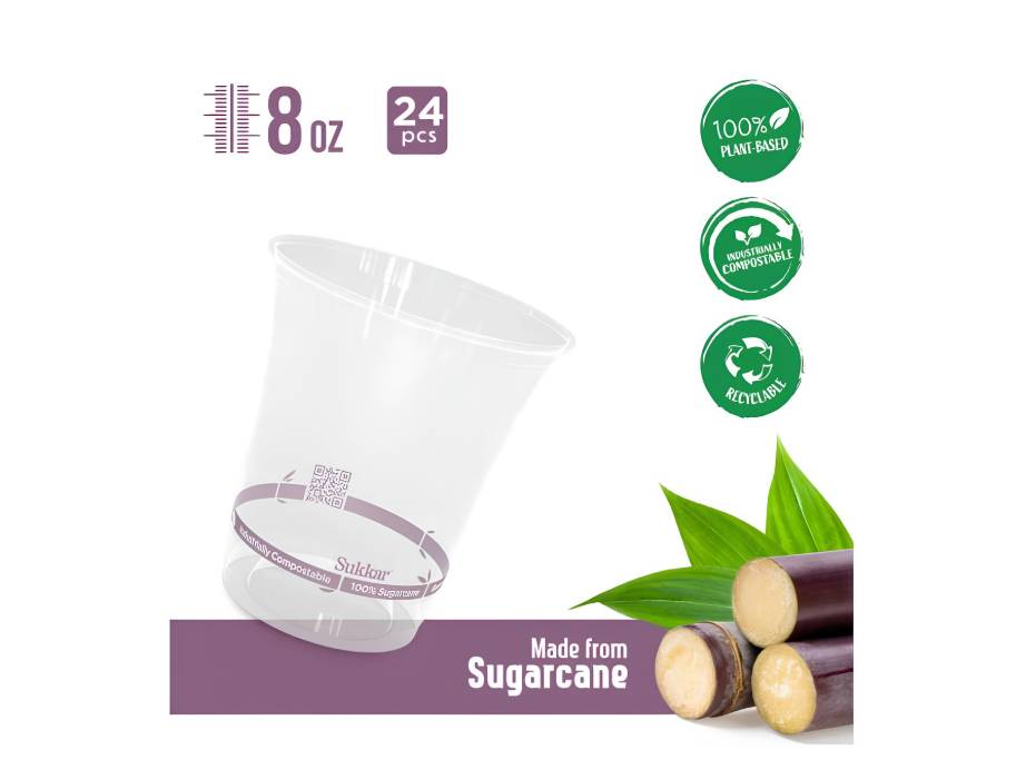 Fun Sukkar (Plant Based) Clear Cups 8oz, Pack of 12