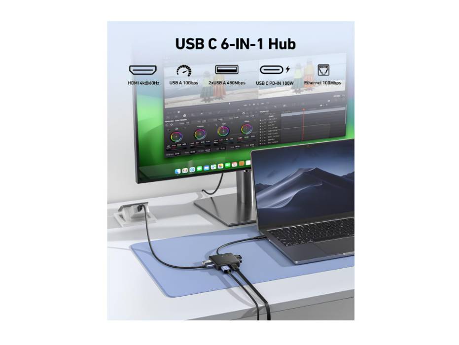 BENFEI USB C HUB 6in1 with HDMI(4K@60Hz), 100Mbps Ethernet, 100W Power Delivery, 1*USB 3.2 10Gbps and 2*USB 2.0