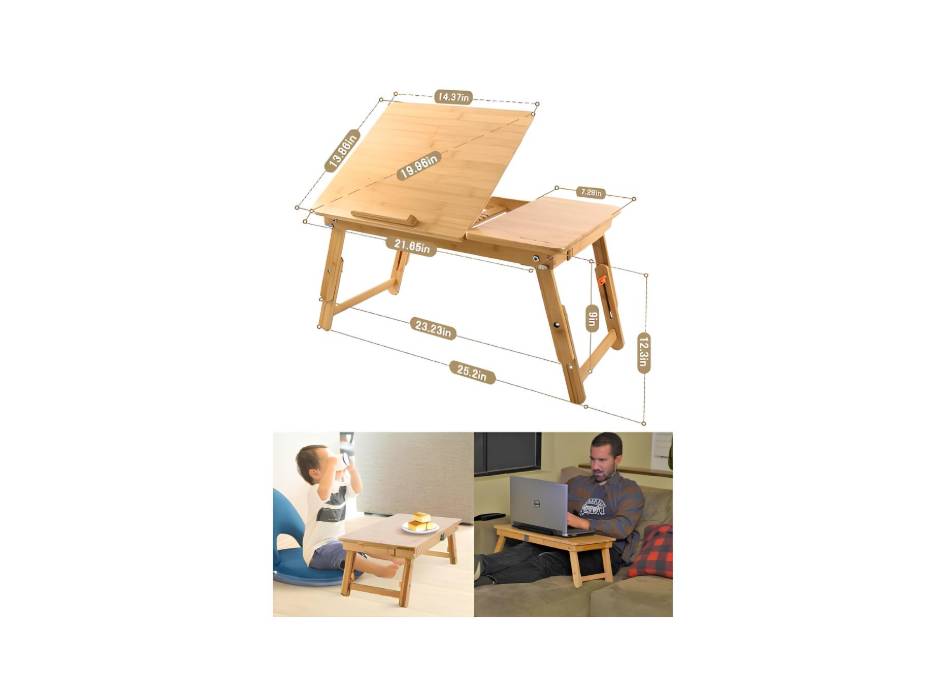Laptop Desk Table Adjustable Bamboo Foldable with Tilting Top Drawer