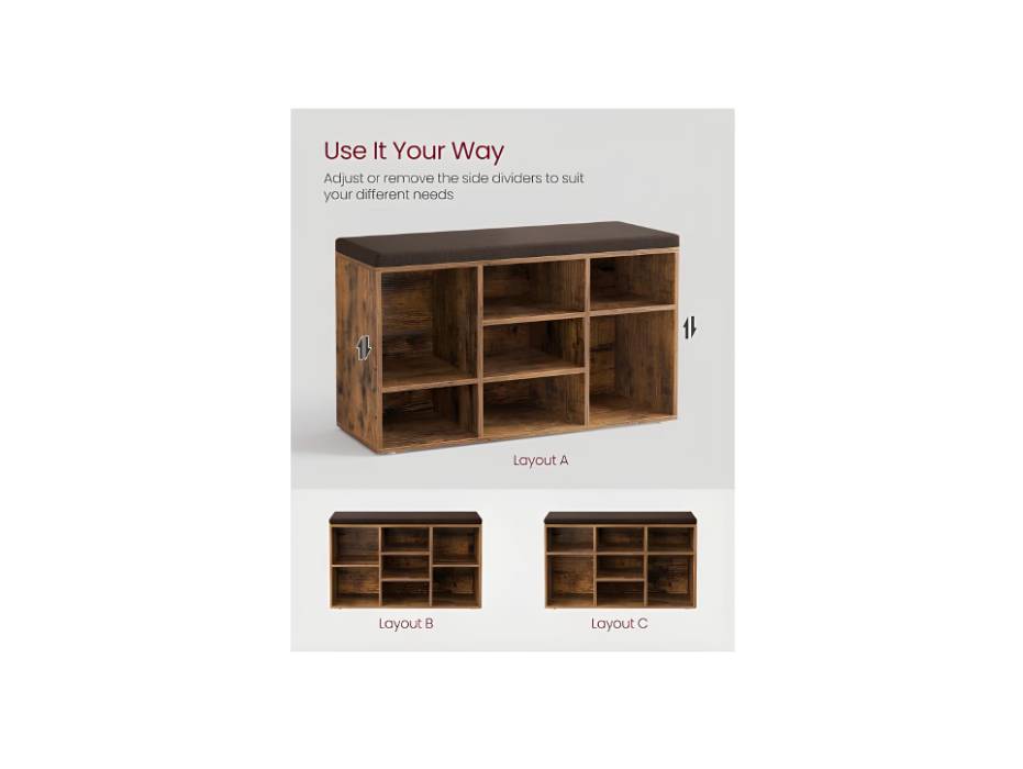 VASAGLE Shoe Bench with Cushion, Storage Bench with Padded Seat, Entryway Bench with 9 Compartments, for Bedroom, 11.9 x 30.9 x 18.9 Inches, Rustic Brown and Chestnut Brown