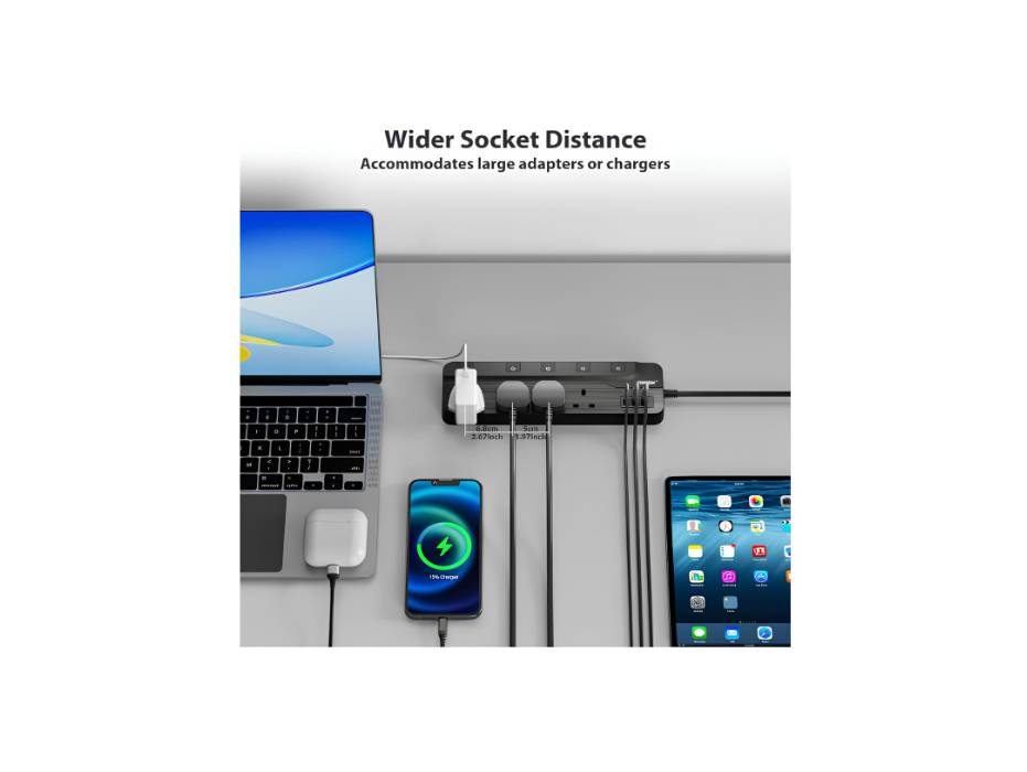 TOPREK 4 Plug Extension Lead with Ultra Wide Pitch Socket, Individual Switches Lights with 2 USB-A, 1 USB-C, 13A/3250W Overload Protection Extension Cable with USB Ports, 2M Extension Cord