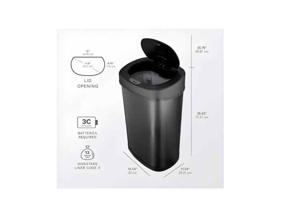 NINESTARS, DZT-50-9BK, 50 L Black Automatic Touchless Motion Sensor Sensor Trash Bin and Garbage Bin with Highly Durable Lid Mechanism for Home, Kitchen and Office
