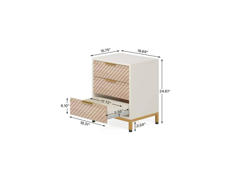 Tribesigns Bed Side Table for Bedrooms, White and Gold Light Wood Grain Nightstands with 3 Drawers Bedside End Tables Storage