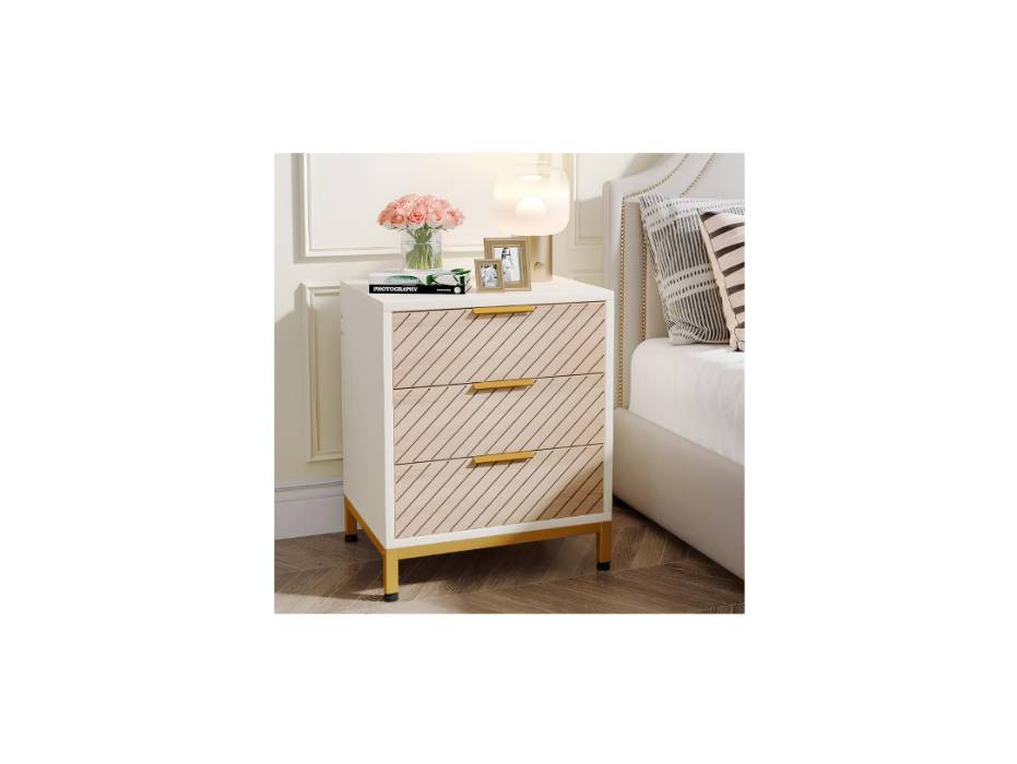 Tribesigns Bed Side Table for Bedrooms, White and Gold Light Wood Grain Nightstands with 3 Drawers Bedside End Tables Storage