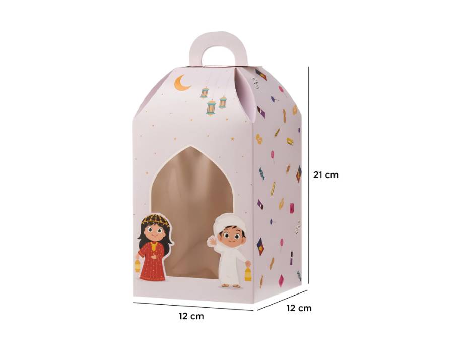Haq Al Laila Theme Printed Kids Lantern Gift Box With Window, 12 x 12 x 21cm, pack of 10