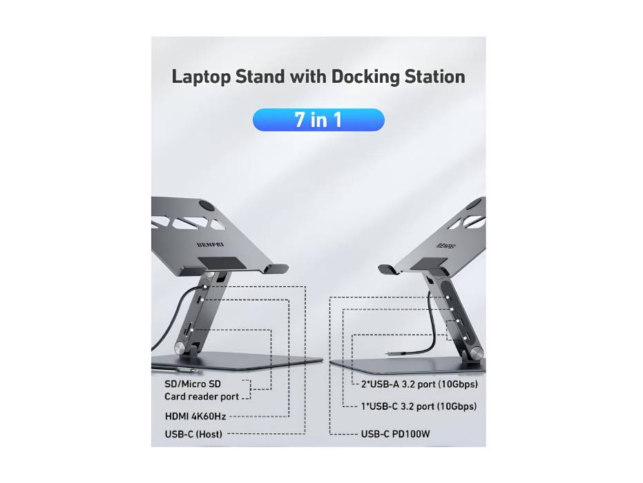 BENFEI Laptop Stand with USB C 7in1 Docking Station, HDMI 4K@60Hz, 1*SD 1*Micro SD, 100W Power Delivery, 10Gbps 1*USB C 3.2 and 2*USB A 3.2
