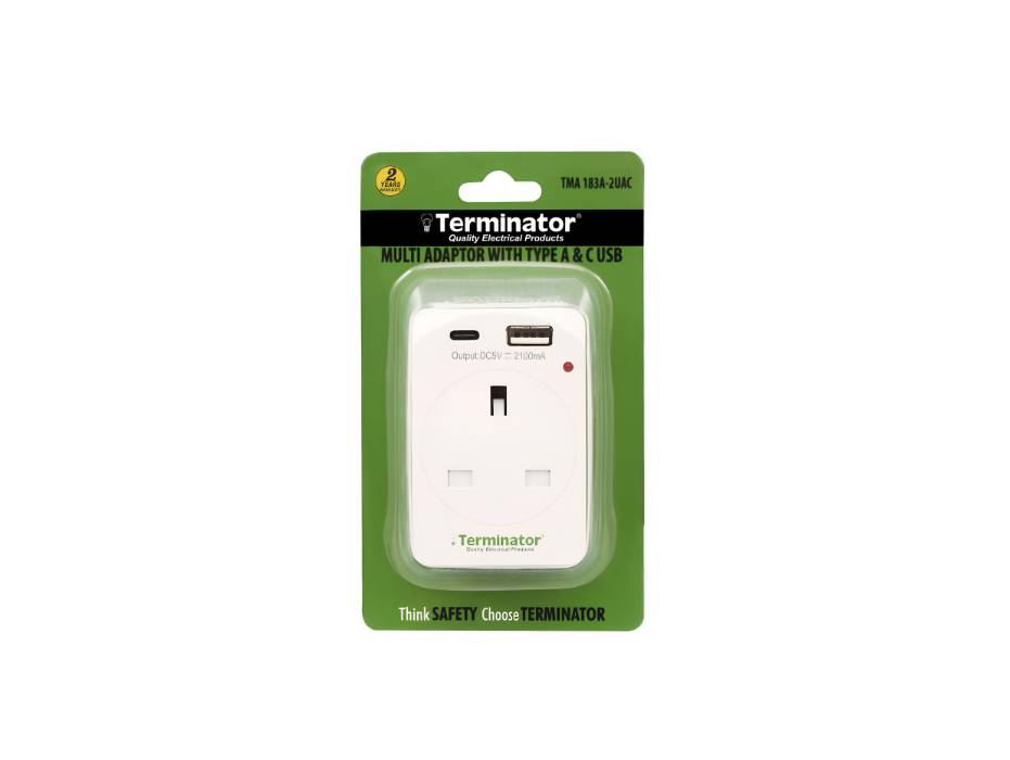 Terminator 3 Way UK Socket Multi Adaptor with 2 USB (A & C Type) 2.1A ...