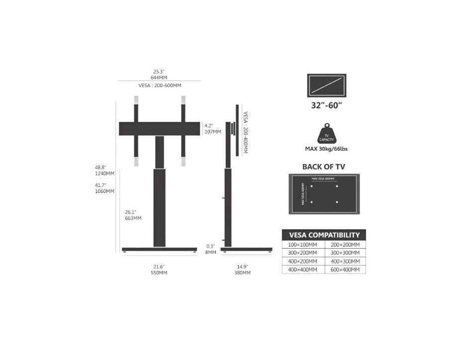 Floor TV Stand for 32 to 60 inch LCD LED OLED QLED Plasma TVs with Swivel and Height Adjustable Max VESA 600x400 mm