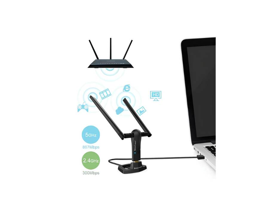 BrosTrend 1200Mbps Long Range USB WiFi Adapter, Dual Band 2.4GHz 300Mbps + 5GHz 867Mbps, 2X 5dBi High Gain Antennas, USB 3.0 Cradle