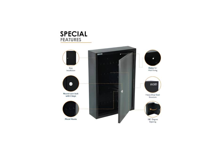 RIGID Key Box | Wall Mounted Key Cabinet with Key Lock | 100 Keys Capacity for Home, Office, Garage, Entryway (Black, 12D x 38W x 55H CM)