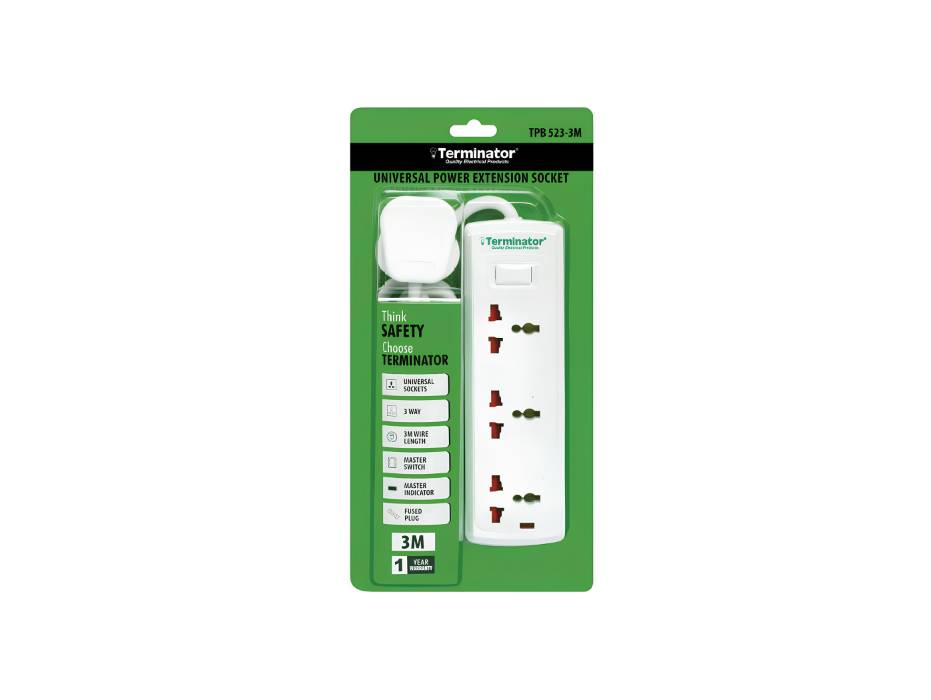 Terminator 3 Way Universal Power Extension Socket With Master Switch ...