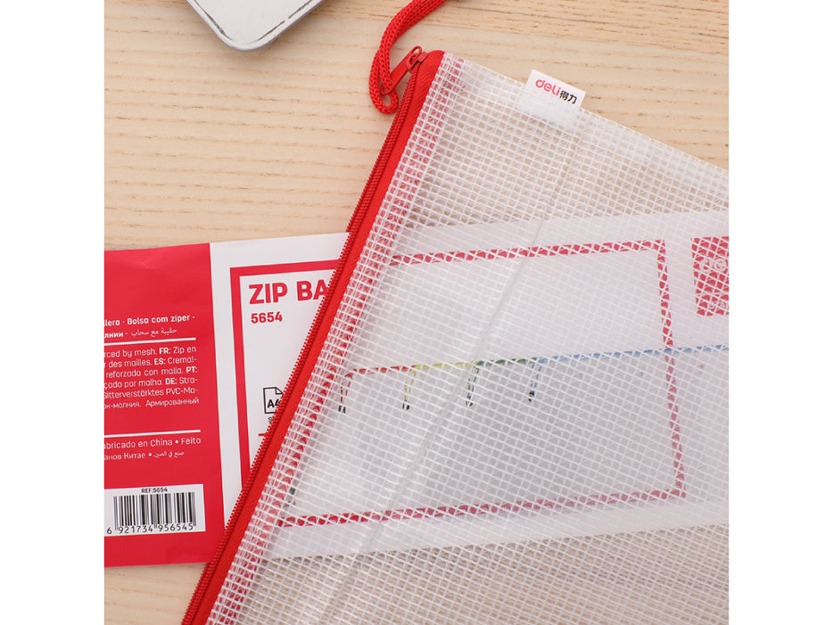 Deli E5654 A4 Mesh Zip Bag, 10/pack Assorted Color