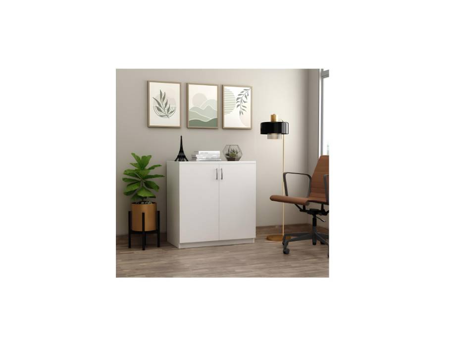 RIGID Low Height Cupboard | Small Wooden Storage Cabinet for Home, Office, Living Room | White Organizer with Shelves  (40D x 90W x 85H CM)