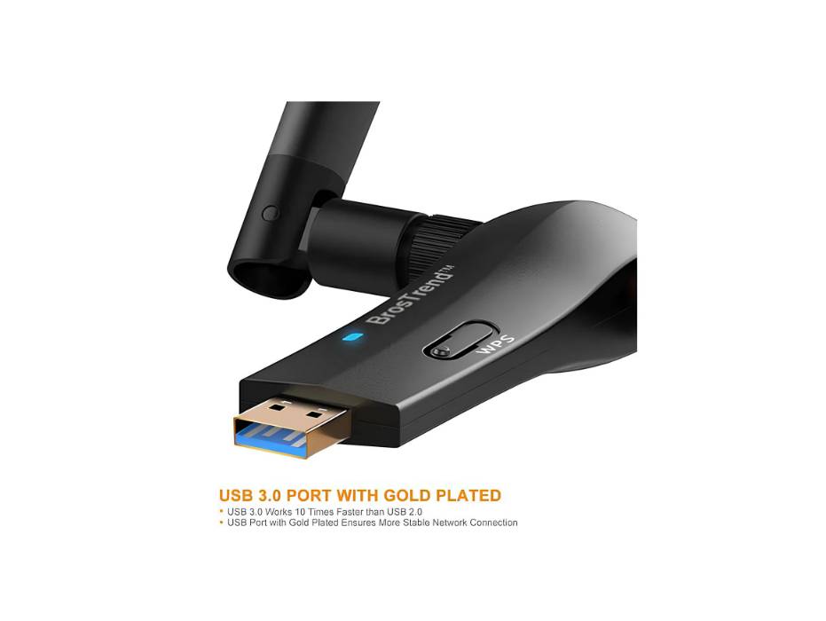 BrosTrend 1200Mbps Long Range USB WiFi Adapter, Dual Band 2.4GHz 300Mbps + 5GHz 867Mbps, 2X 5dBi High Gain Antennas, USB 3.0 Cradle