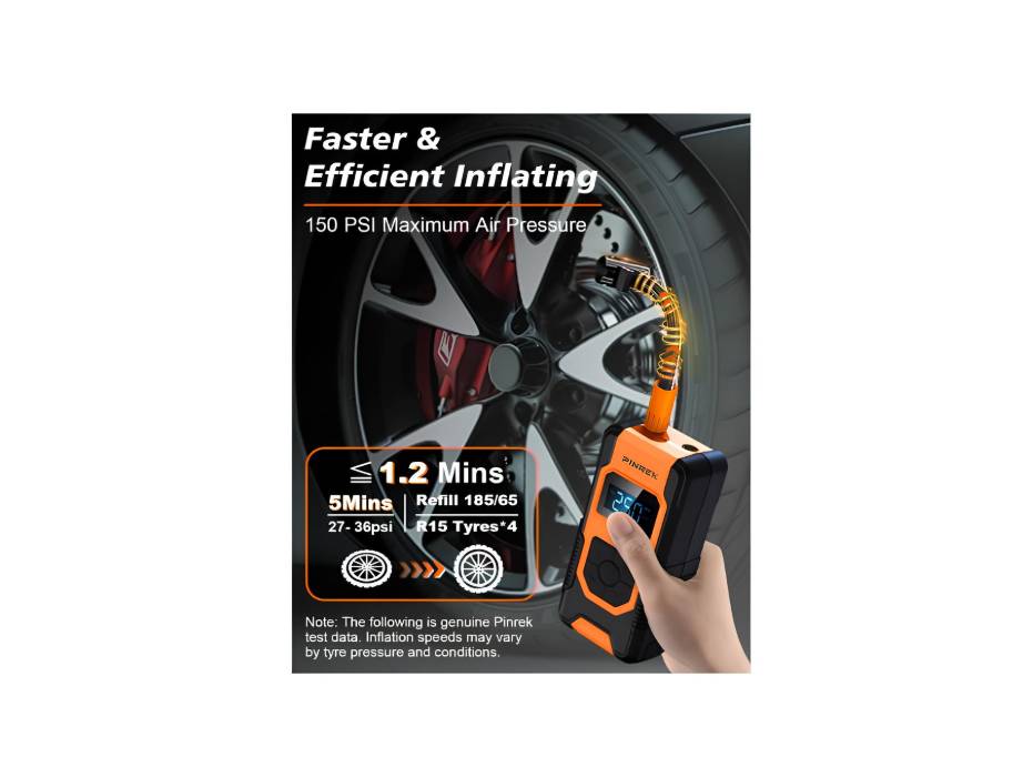 PINREK QB01 Cordless Tyre Inflator Portable Air Compressor, 7800mAh Auto Shut-Off, 150 PSI Digital Gauge, 22L/Min Airflow