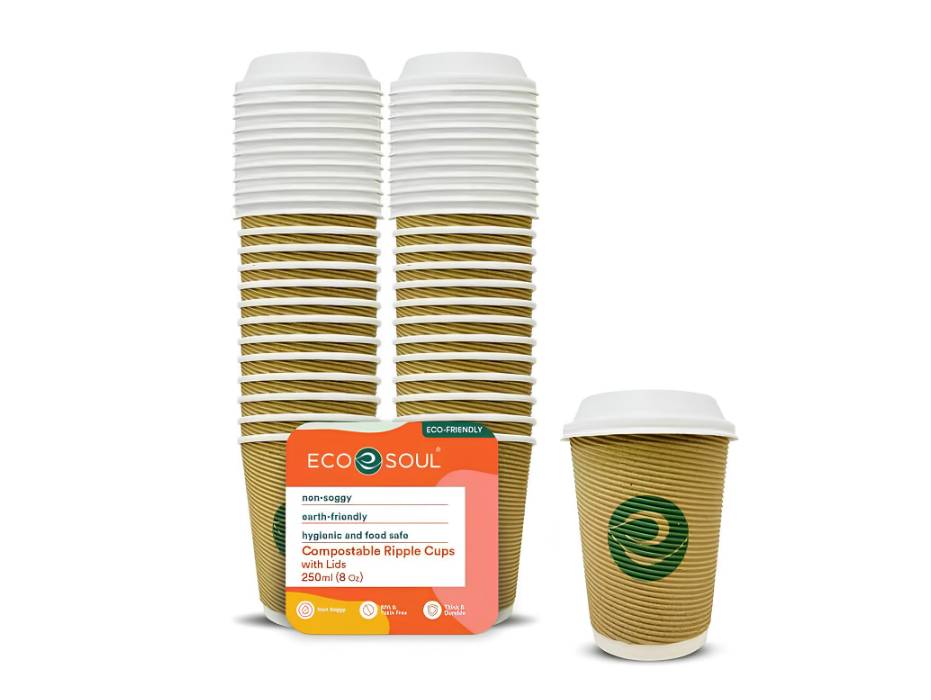 ECO SOUL 250 ml, 100 Count, Disposable Ripple Paper Cups with Lid, Eco-Friendly & Biodegradable Hot Cups