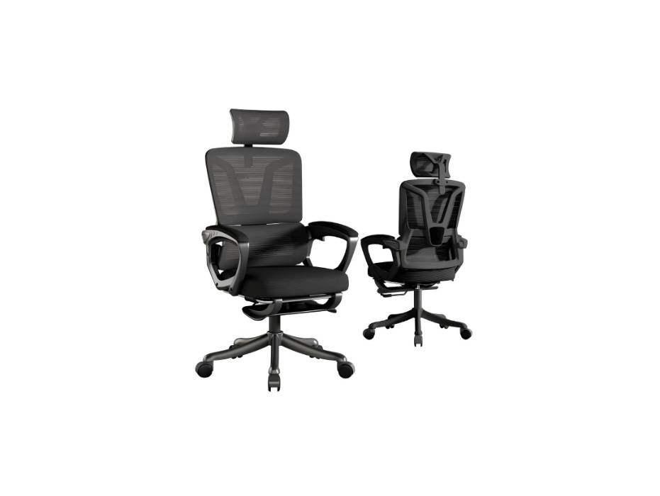 Ergonomic Office Chair with Breathable Mesh High Back and Adjustable Headrest Lumbar Support PU Wheels Swivel Computer Task Tilt Function Chair with Footrest, Black