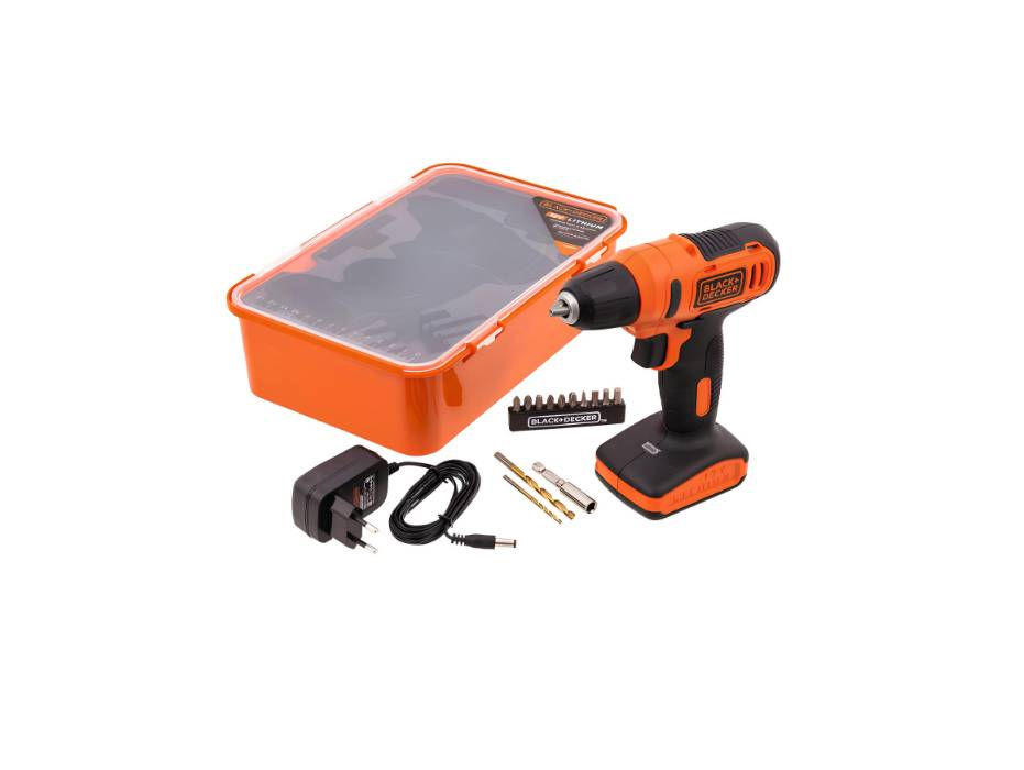 Black+Decker 12V 1.5Ah 900 RPM Cordless Drill Driver with 13 Pieces Bits in Kitbox For Drilling and Fastening, Orange/Black