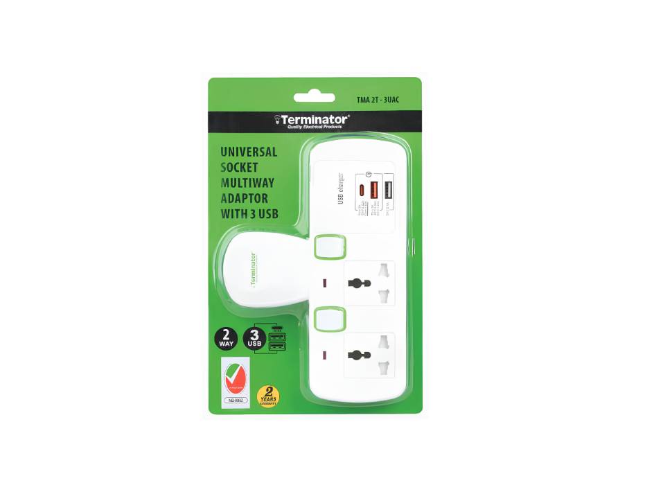 Terminator 2 Way Universal T Socket With 3USB (A & C Type), Individual ...