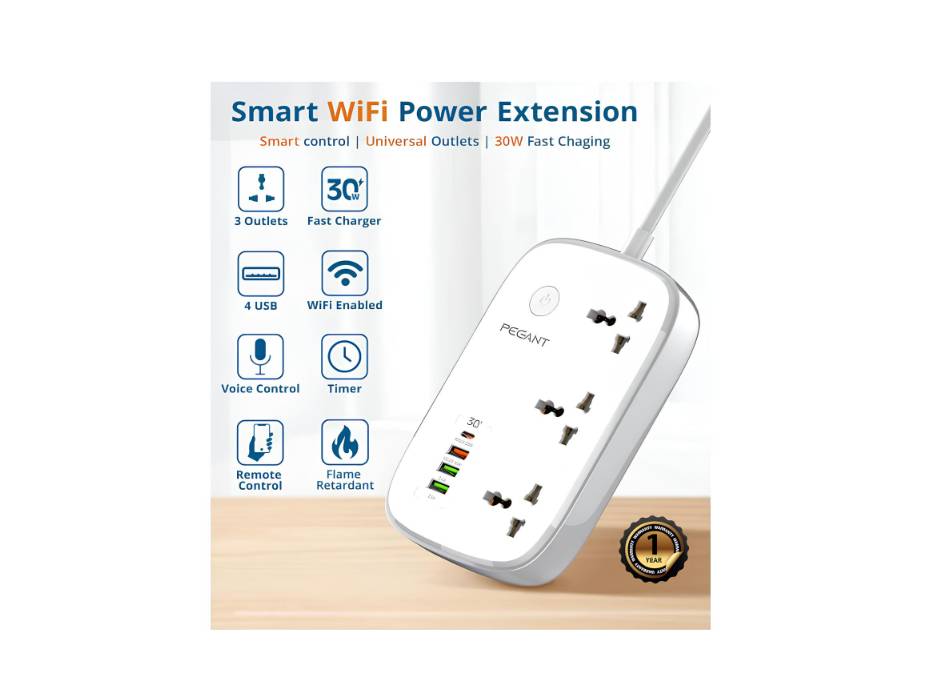 PEGANT Wifi Smart Power Strip Extension Cord Surge Protector Socket Multi Plug, Compatible with Alexa & Google Assistant, 30W USB-C Fast Charging, 4 USB-A, 2M Cable