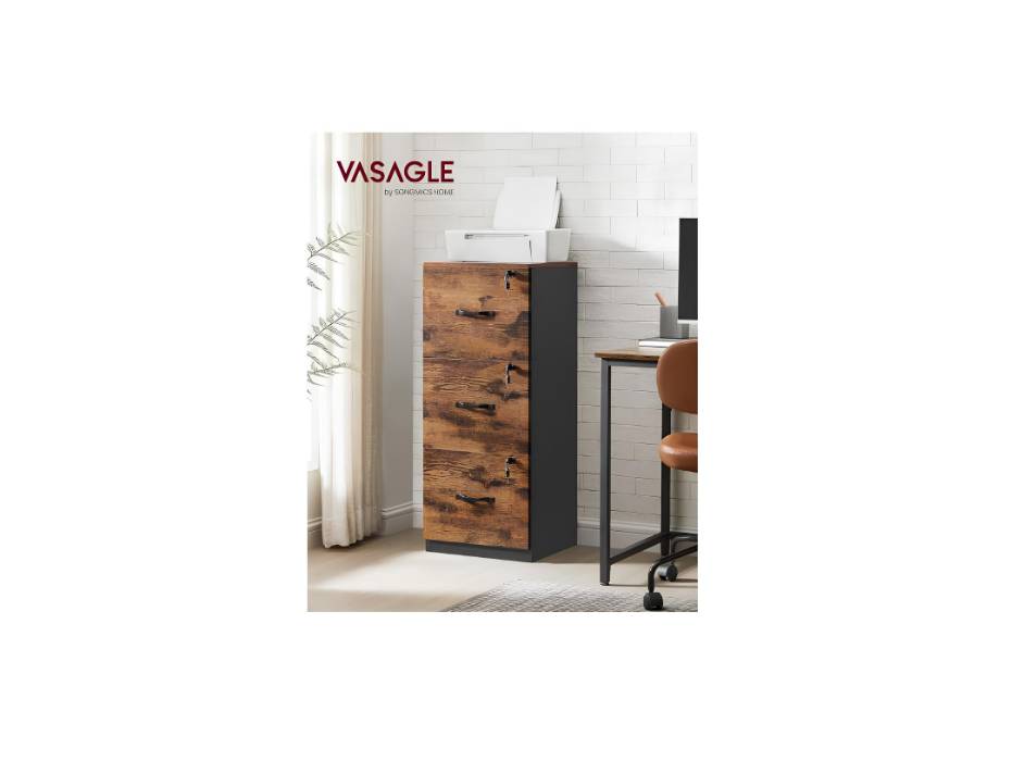 VASAGLE Office Cabinet, Storage Unit, Printer Stand, with 3 Lockable Drawers, Adjustable Rods, Fits A4 Size, Rustic Brown and Black