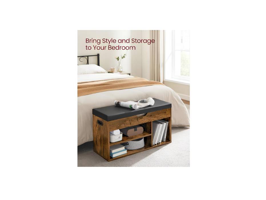 VASAGLE Storage Bench with Cushion, Shoe Bench with Padded Seat, 3 Compartments, Hidden Storage, Shelves, Living Room Lounge Hallway Bedroom, Rustic Brown and Black