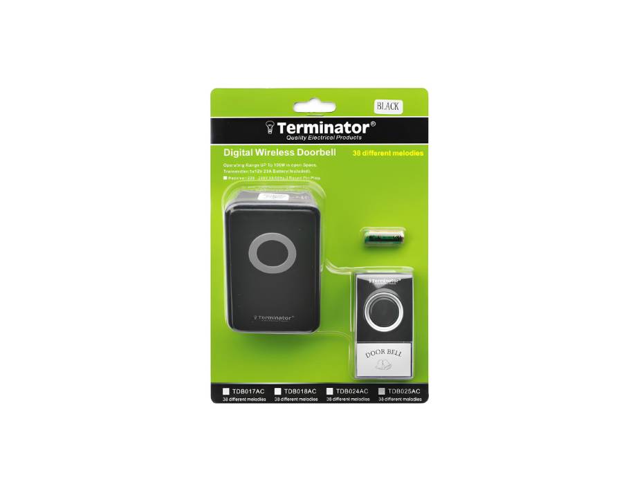 Terminator Door Bell Digital Wireless With 38 Different Melodies Black 2 Pin Plug - TDB 018AC-B