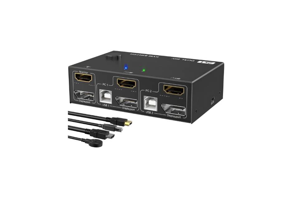 Bewinner DP Dual Monitor KVM Switch DisplayPort 1.2, HDMI 4K 60Hz Extended Display Switcher for 2 Computers Share 2 Monitors, Keyboard, Mouse and USB 2.0 Ports