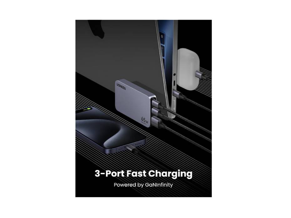 UGREEN Nexode Pro 65W USB-C Charger, Travel Adapter with UK/EU Plug GaN II 3-Port Ultra-Slim Type C Fast Wall Charge Laptop Charging Compatible for MacBook, Dell XPS, iPad, iPhone, Samsung