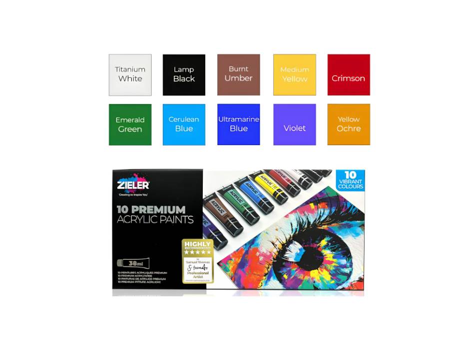 Zieler Premium Acrylic Paint Set - 10 Tubes, 38 ml - Assorted Colors