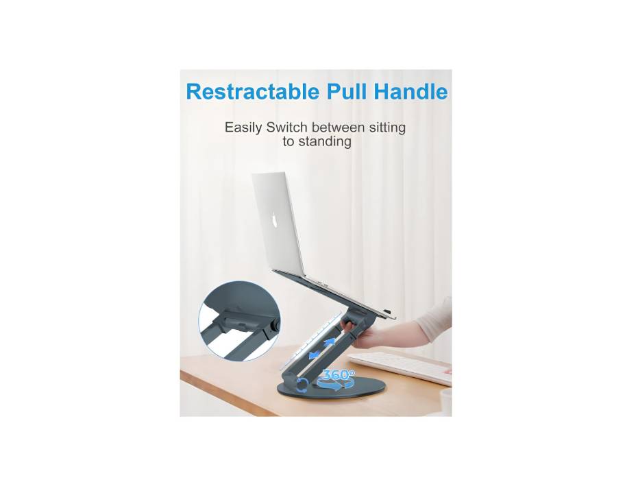 Proffisy Laptop Stand, Aluminum Ergonomic Sitting/Standing Laptop Riser with 360° Rotating Base, Foldable, Adjustable Height (Grey)