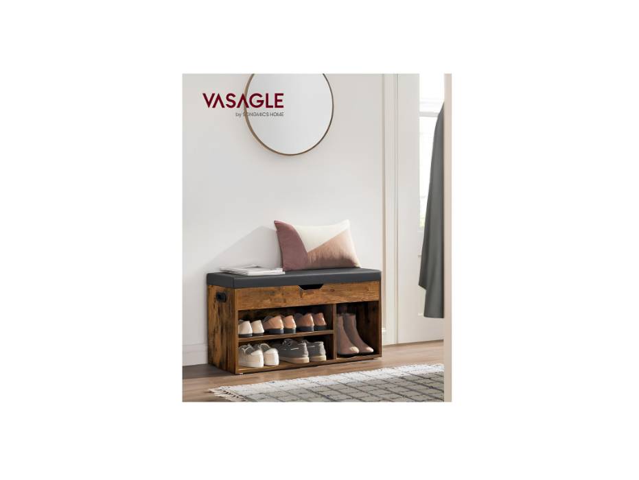 VASAGLE Storage Bench with Cushion, Shoe Bench with Padded Seat, 3 Compartments, Hidden Storage, Shelves, Living Room Lounge Hallway Bedroom, Rustic Brown and Black